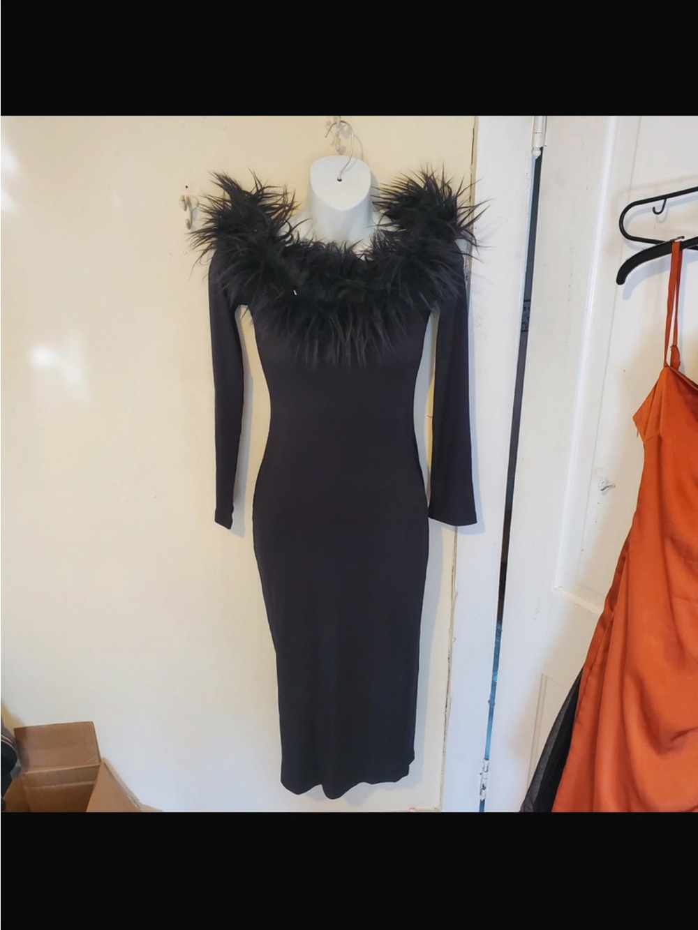 Black Feather-Trim Long Sleeve Midi Dress